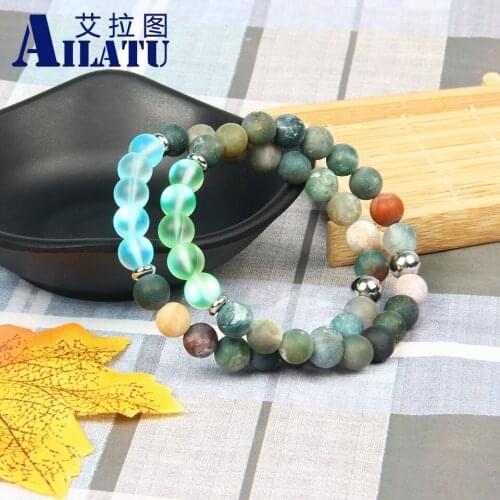 Ailatu New Rainbow Flash Stone Beaded Bracelets Couples Yoga Balance Jewelry with 8mm Matte India Stone Beads
