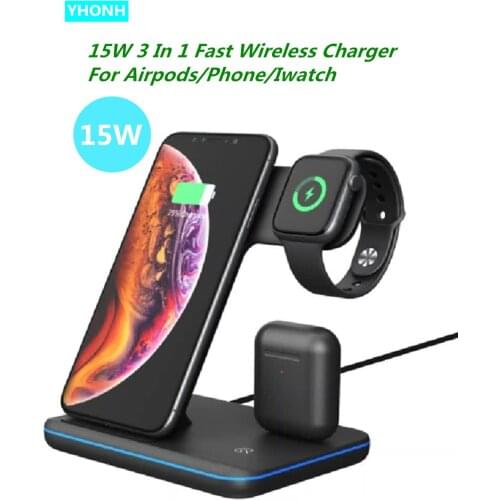 Wireless Charger Stand 3 in 1 Qi 15W Fast Charging Dock Station for Apple Watch iWatch 6 5 4 AirPods Pro iPhone 12 11 XS XR X 8