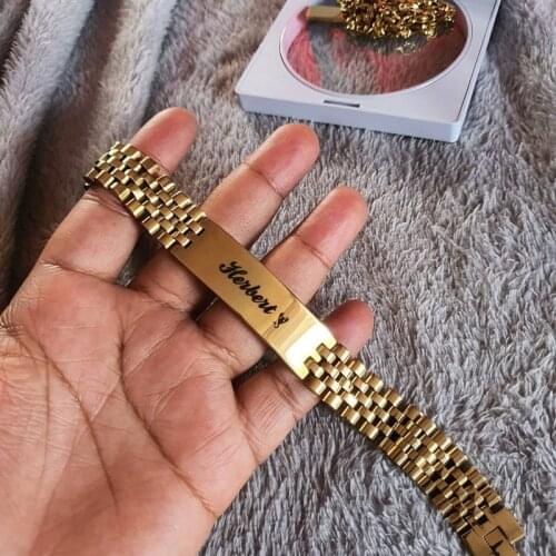 Custom Bracelets for Women Men Stainless Steel ID Name Gold Watch Bracelet Engraving Laser Personalized Couple Jewelry Gift