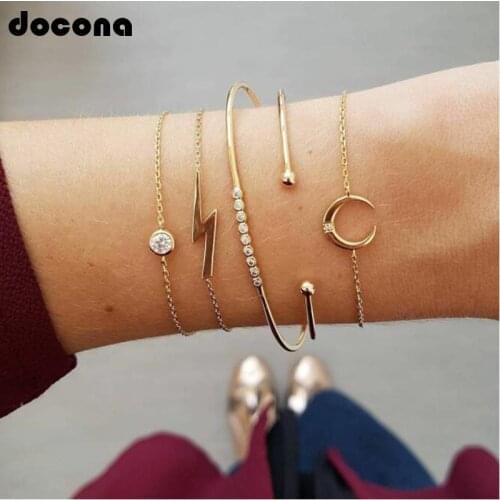 Docona Bohemia Gold Lightning Horns Moon Crystal Geometry Open Bracelets Bangles Set for Women Adjustable Summer Jewelry 5811