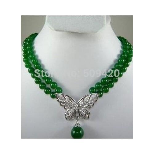 Hot sell Fast SHIPPING W&O655 beautiful 2 row green jade Butterfly Pendant necklace NEW JEWE