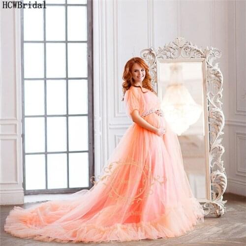 Customize Tulle Pregnant Women Evening Dress Crystal Sash Short Sleeves Plus Size Prom Party Gowns For Photoshoot Formal Dresses