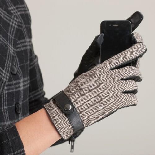 Fashion Men Leather Gloves Winter Warm Imported Sheepskin Mittens Patchwork Button Male Leather Driving Gloves AGD002