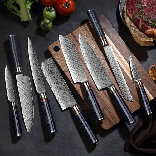 Chef Knife Damascus Steel VG 10 Sharp Cleaver Paring Vegetable Blue Resin Honeycomb Handle Household Kitchen