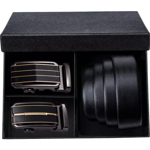 Formal Leather Belt for Men Black Cowhide Belt Gold Automatic Buckle Waist Strap Ratchet Buckle Stripe Belt Gift Set Barry.Wang