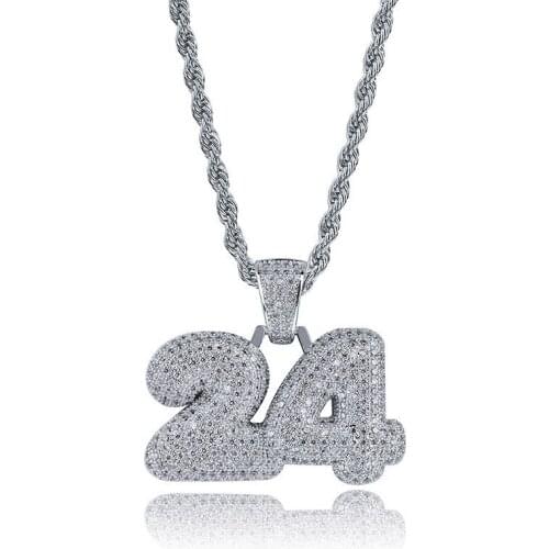 OMYFUN Custom Bubble Number 24 Charm Pendant with 3mm Rope Chain Male Bling Pendants Necklaces Mens Zircon Hip Hop Jewelry