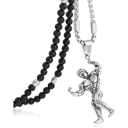 316L Stainless Steel Muscle Men Bodybuilding Workout Pendant Necklace with Black Natural Stone Chain 26" for Men Jewelry