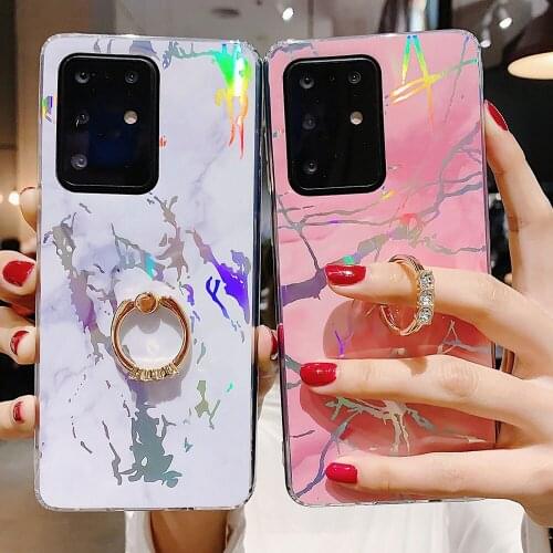 Luxury Laser Shiny Marble Phone Cases For Samsung S21 Ultra S20 fe A21S A50 A70 A20 A30 A10 S10E S8 S9 Note 20 Ultra Ring Holder