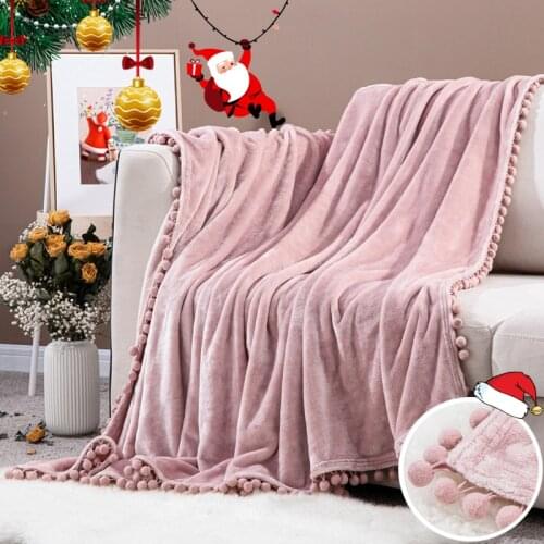 Christmas Soft Blanket with Balls Warm Coral Fleece Blankets Winter Solid Color for Baby Blanket Polyester Cute Pink for Kids