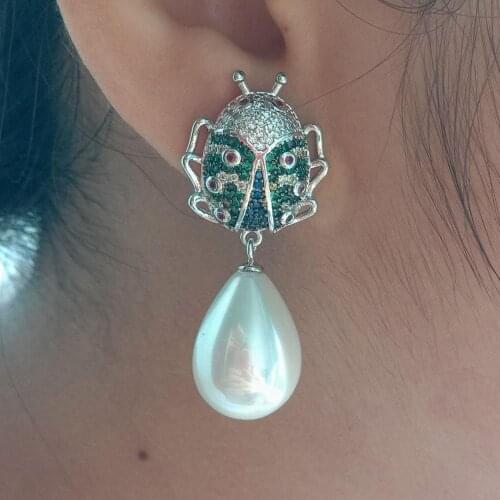 White Sea Shell Pearl White Gold color Plated cubic zirconia micro pave Beetle Stud Earrings animal earrings for women