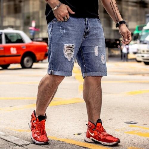 Summer New Fashion Men Shorts Straight Hole Ripped Vintage Knee Length Male Trousers Streetwear Zipper Casual Man Plus Size