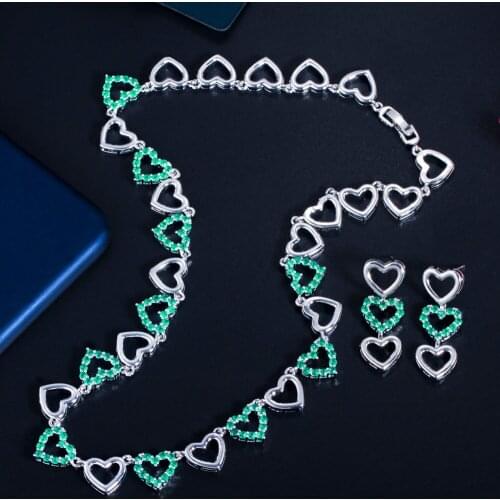 ThreeGraces Sweet Love Heart Chain Choker Necklace Earrings Women Green CZ Crystal Silver Color Fashion Party Jewelry Set TZ614