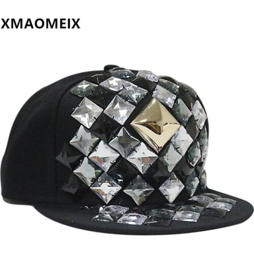 XMAOMEIX Novelty Hip Hop Cap For Men Women Diamond Headdress Decoration Flat Brim Hat Adjustable Size Nightclub Bar Carnival Hat