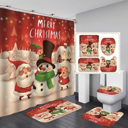 Santa Couple Snowman Bathroom Curtains Merry Christmas Shower Curtain Toilet Cover Mat Non Slip Rug Holiday Party Home Decor