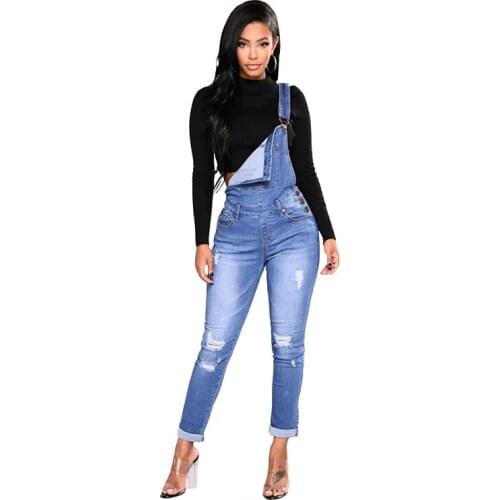 Woman Overalls Straps Jeans Ripped Hole Stretch Jumpsuit Rompers Jeans Female Basic Classic cuffs Pencil Blue Denim Pants