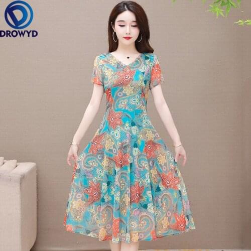 Women Green Chiffon Midi Dress Elegant Floral Print Lace Up Slim Short Sleeve V-neck A-Line Orange Maxi Dresses Party Vestidos