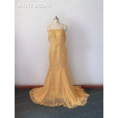 Gold Wedding Dress Luxury Tassel Shinny Lace Spaghetti Bridal Gown Factory Custom Made Dresses Real Photos