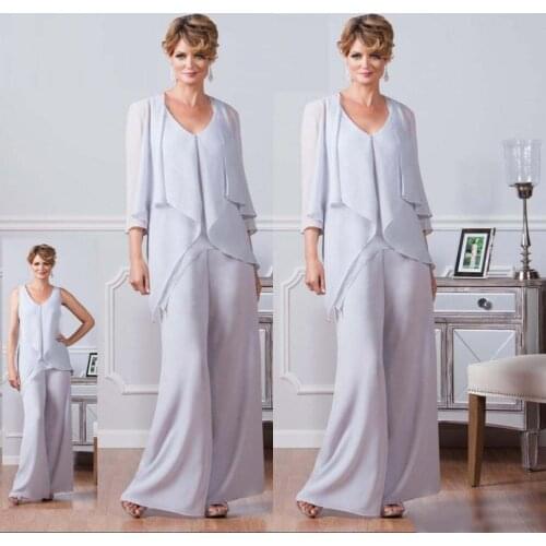 2021 Chiffon Mother of the bride Pant Suits With Jacket Custom Made Plus Size Cheap Wedding Mothers Guest Dress