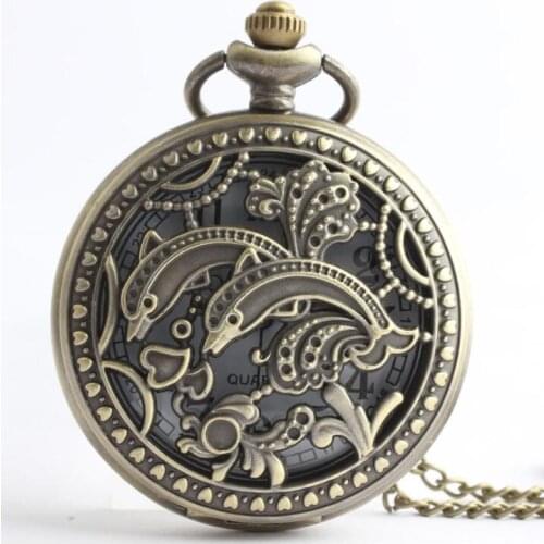 50pcs/lot Bronze Hollowed Dolphin Quartz Pocket Watch Necklace Pendant Gift Men Women Watches