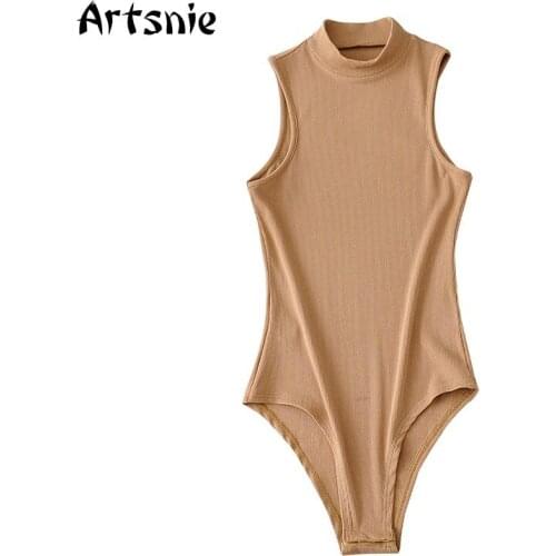 Artsnie Summer 2021 Skinny Bodysuits Women Stand Sleeveless High Waist Khaki Knitted Tops Ladies Casual Bodysuits Short Rompers
