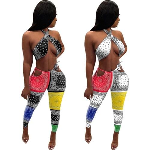 ZKYZWX Sexy Bandana Print Two Piece Set Summer Outfits for Women Halter Crop Top Hollow Sweatpants Tracksuits Matching Suits