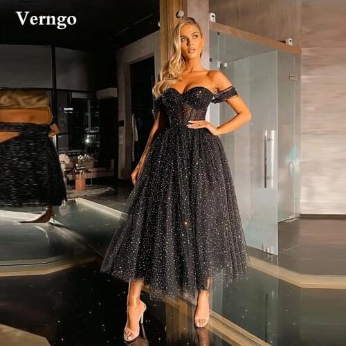 Verngo Sparkly Black Dots Tulle Prom Dresses Off Shoulder Sweetheart Sexy Evening Party Gowns 2021 Tea Length Formal Dress