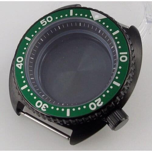 PVD Plated Black Green 45mm Men Watch Case fit NH35A NH36A Sapphire Glass Chapter Ring Solid Back