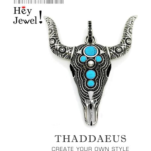 Pendant Blue Bull Head Skull,2019 Fashion Punk Ethnic Jewelry Europe 925 Sterling Silver Bijoux Gift For Woman & Rebel Men