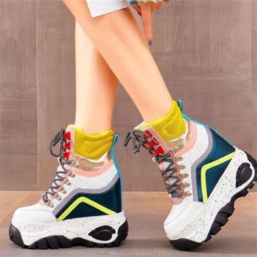 Punkk Party Women Cow Leather Platform Wedge Fashion Sneakers High Top Buckle High Heels Creepers Pumps Oxfords Party