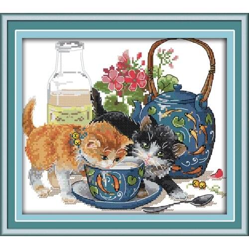 The Curious cat Cross Stitch Kits 11CT Printed Fabric 14CT Canvas DMC Counted Chinese Cross-stitch set Embroidery Needlework