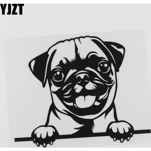 YJZT 17.5CMX14.3CM Car Sticker Pug Dog Peeking Decal Vinyl Waterproof Decor Black/Silver 8A-0047