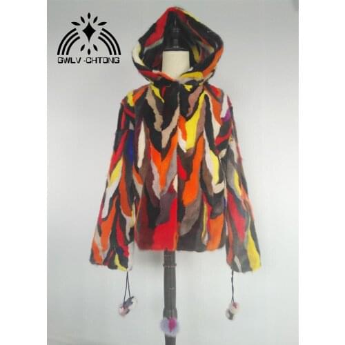 New genuine real natural mink fur coat womens multi-color colorful jacket lady outwear overcoat warm winter