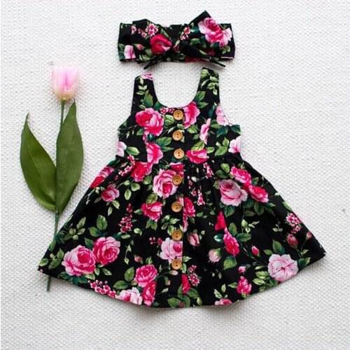 New Summer Fashion Baby Girl Dress Toddler Kids Clothes Princess Dress Floral Dresses+Headband Outfits Clothes Vestido de niña