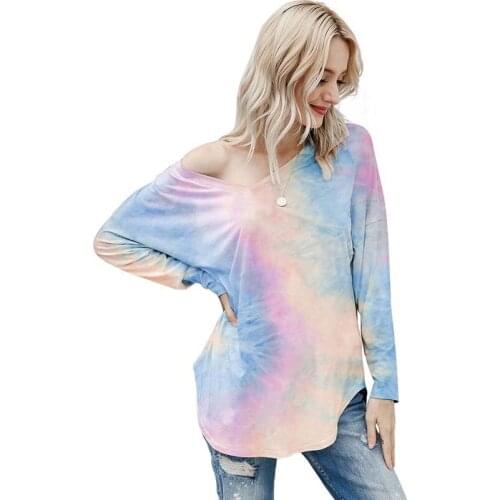 New Tie Dye Fashion T-shirt Women Plus Size Off Shoulder V-neck Long Sleeve Ladies Elegant Harajuku T shirt Tops Tees