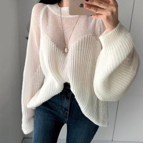 Autumn Winter New Fairy Soft Pullover Elegant Loose Thin Lantern Sleeve Sweater Women Kawaii Sweaters Sexy Perspective Stitching