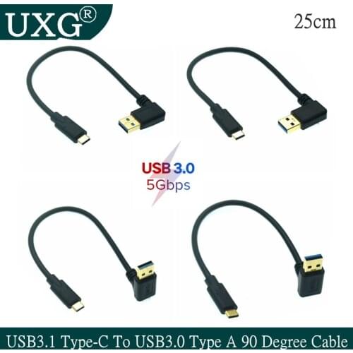 Gold-plated plug USB3.1 Type-C To USB3.0 Type A 90 Degree Left & Right Up Down Angle Male To Male Data Sync & Charge Cable 25cm
