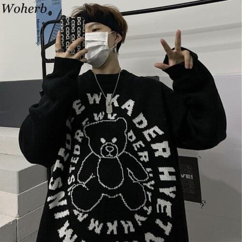 Woherb Korean Cartoon Bear Print Pullovers Oversized Outwear Harajuku BF Sweaters Women Streetwear Fashion Jumper Sueter Mujer