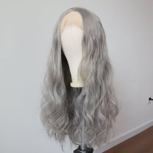 Gray Synthetic Wigs for Women Heat Resistant Fiber Hair Long Wavy Grey Synthetic Lace Frontal Womens Wigs