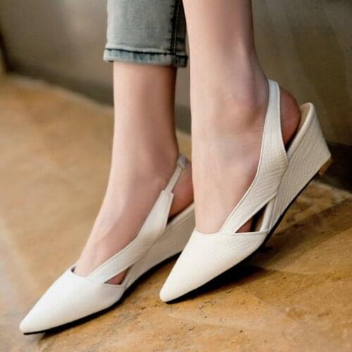 Sianie Tianie PU Pointed Toe Wedges Middle Heels Slingback Womans Summer Shoes Office Dress Pumps Women Sandals Big Size 33-45