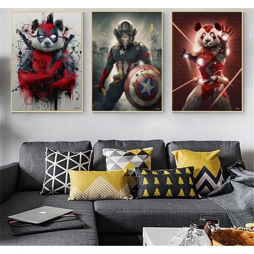 Funny Animals Heroes Graffiti Art Paintings on the Wall Art Posters and Prints Monkey And Panda Pictures for Kids Room Decor