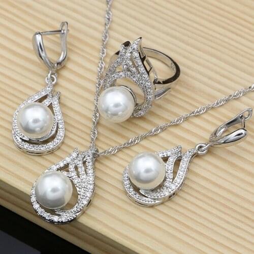 Women Bridal Pearl Jewelry Sets Weddingt Drop Earrings CZ Stone Rings 925 Silver Necklace Set 2020 New Arrival Dropshipping