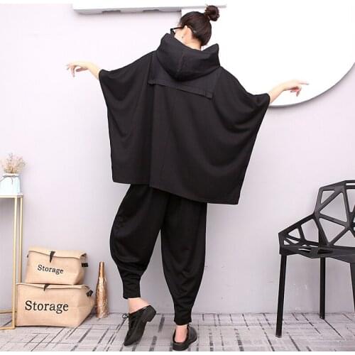 2021 Black Hip Hop 2 Piece Set Autumn Oversized Tracksuit Hooded Tops + Harem Pants Women Suit Female Cloak Bat Shirt Clothing