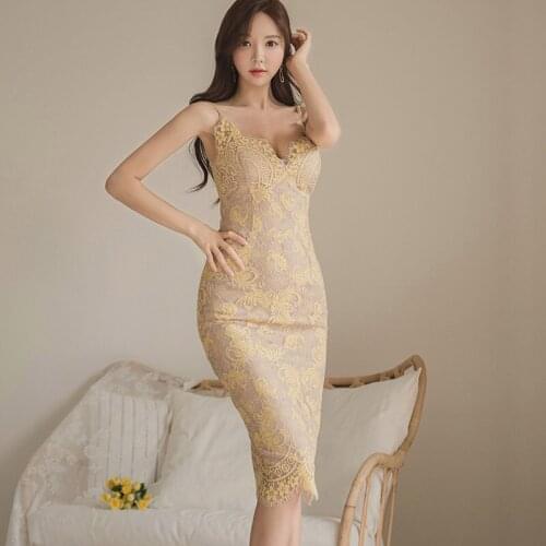 Fashion women new arrival comfortable sexy formal dress Spaghetti Strap elegant v-neck print basic lace cute pencil dress