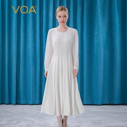 VOA Heavy Silk 30m/m Milk White Round Neck Bump Splicing Blue Line Decoration Yuke Pleated Long Sleeve Dress for Women AE535