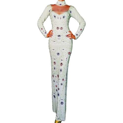 Long Sleeve White Women Floor-Length Dress High Split Skinny Stretch Dress Shining Diamonds Pearls Nightclub Dance Stage Wear