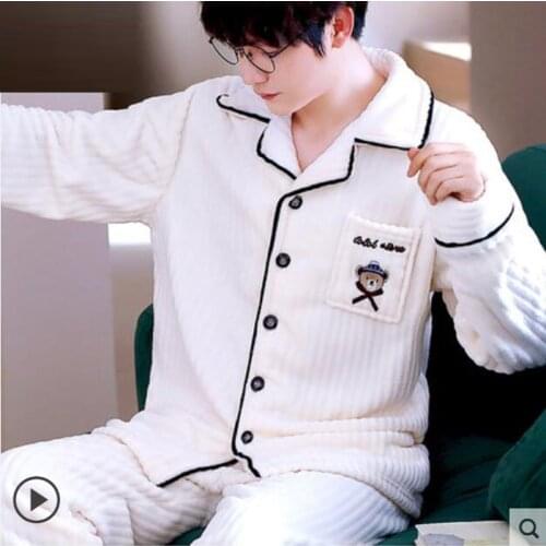 Winter Men Pajama Sets Coral Fleece Thick Warm Sleepwear Suit Flannel Long Sleeve Full Trouse 2 Piece Couple Pajamas Home Wear