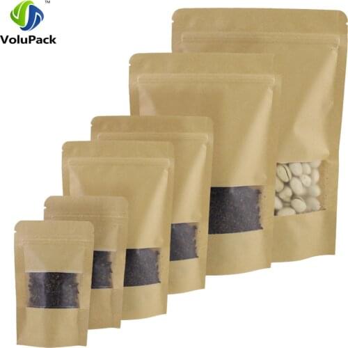 High Quality 100pcs Waterproof Stand Up Package Zip Lock Pouches Tear Notch Brown Kraft Paper Storage bags With Window