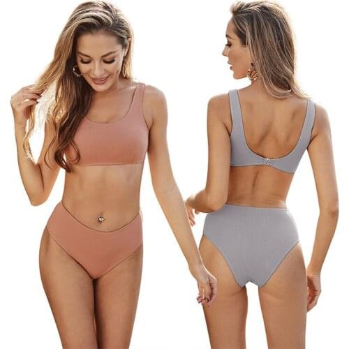2021 Sexy Women High Waist Bikini Swimwear Female Solid Color Split Body Swimsuit Beach Spa Bikini Two-Piece Set