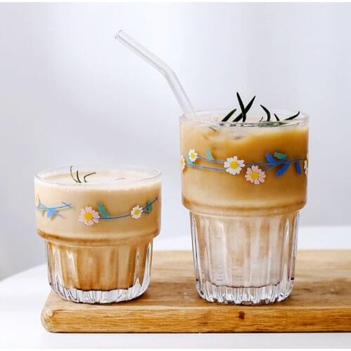 258/350ML Small Daisies Print Glass Coffee Mug Creative Glass Cup Tea Milk Lemon Juice Drinking Wine Cup Home Drinkware Latte