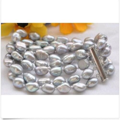 Wedding Woman Gift 9x12mm 4 Rows Gray Natural Freshwater Pearl Bracelet Baroque Pearl Handmade Woman Jewelry